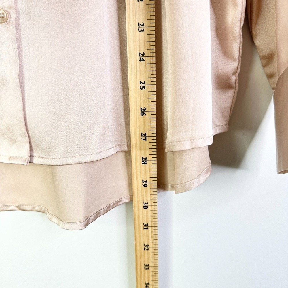 Fore Shirt Women L Champagne Pink Blush Satin Button Down Blouse Long Slv Pocket - Picture 8 of 8